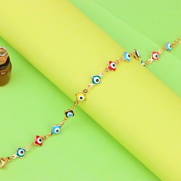 "Rose Gold Evil Eye Anklet with Multicolor Charms, XPAL1074 - Picture 8 of 13